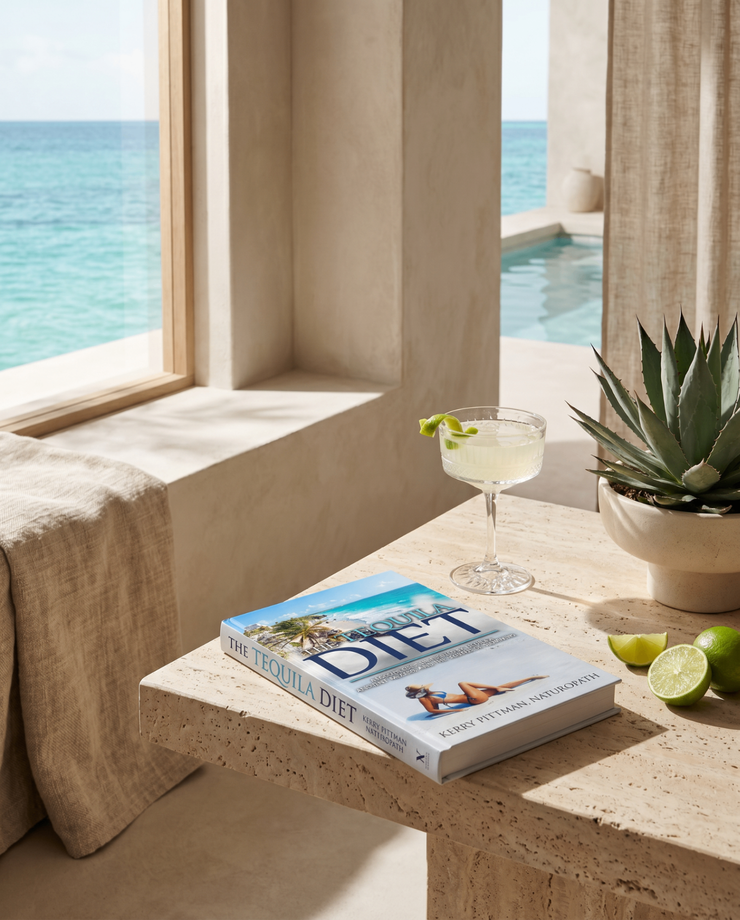The Tequila Diet book by Kerry Pittman on a travertine ledge with a margarita coupe, agave plant, and ocean view